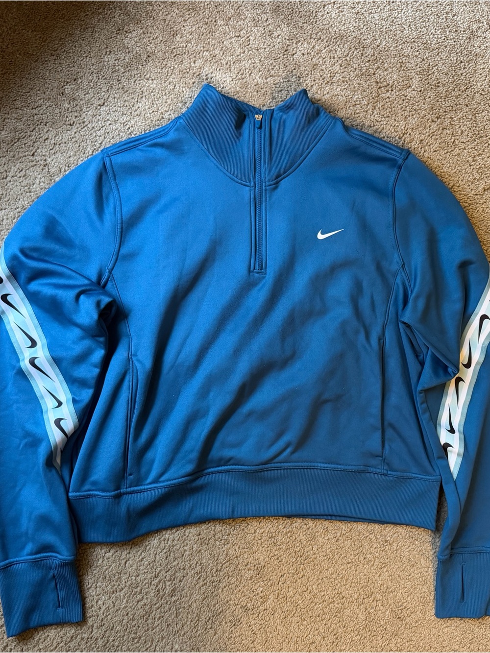 Nike Women’s Royal Blue Quarter-Zip Sweater with Chest and Sleeve Swooshes